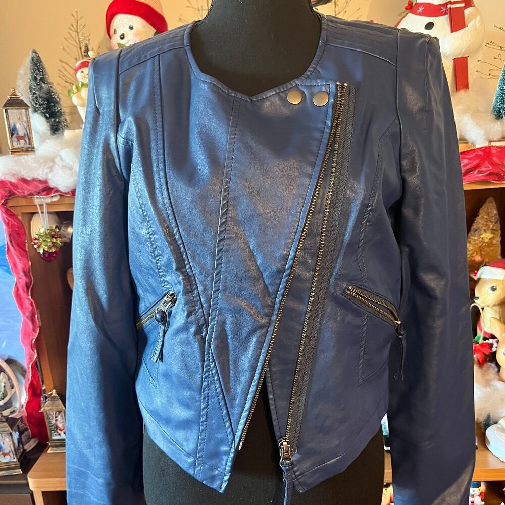 Free People Blue Vegan Leather Jacket Size 8